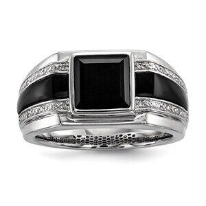 White Night 925 Sterling Silver Genuine RH-plated Diamond & Onyx Men's Ring